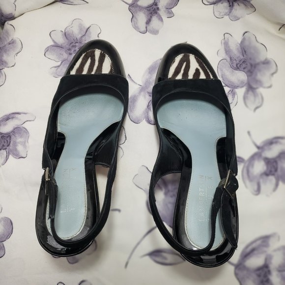 Lambertson Truex Suede /patent leather Cap Toe Slingback Heels Women US7.5 EU38 - Picture 9 of 13